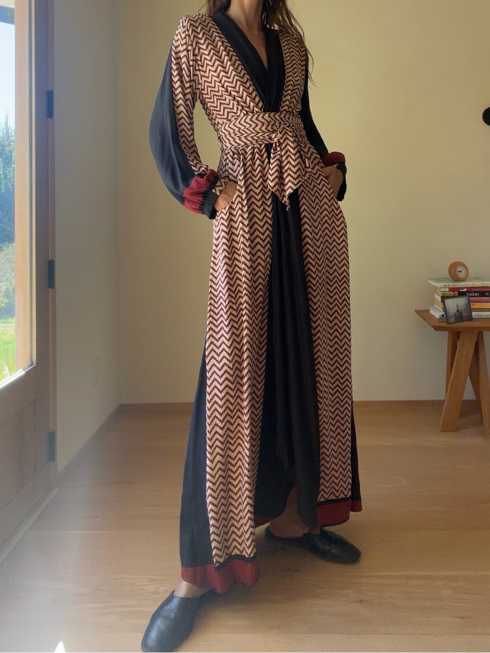 Natalie Martin Black Maxi Wrap Dress with Cream Chevron and Red Accents